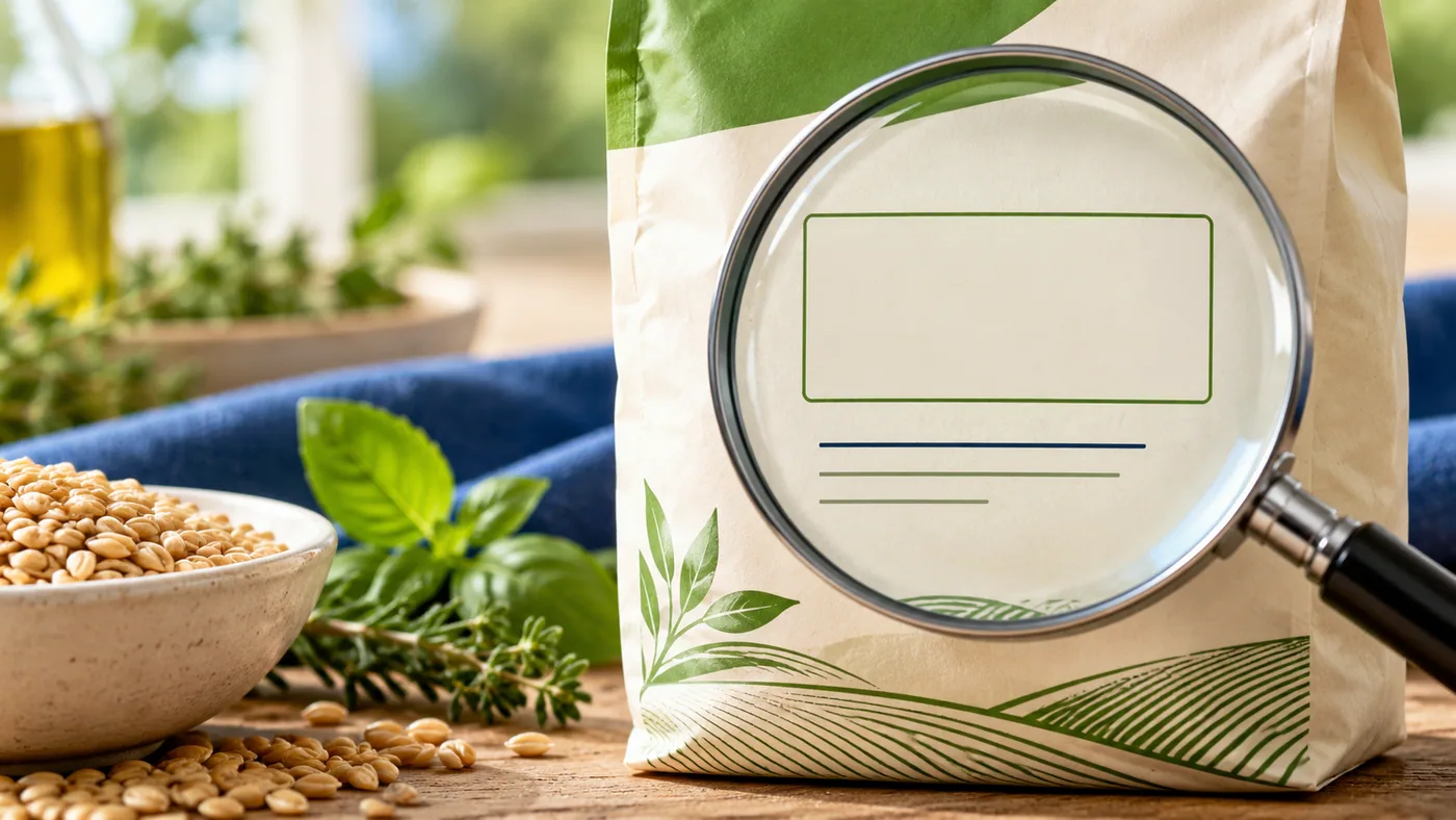 Close-up of an unbranded food package label examined with a magnifying glass