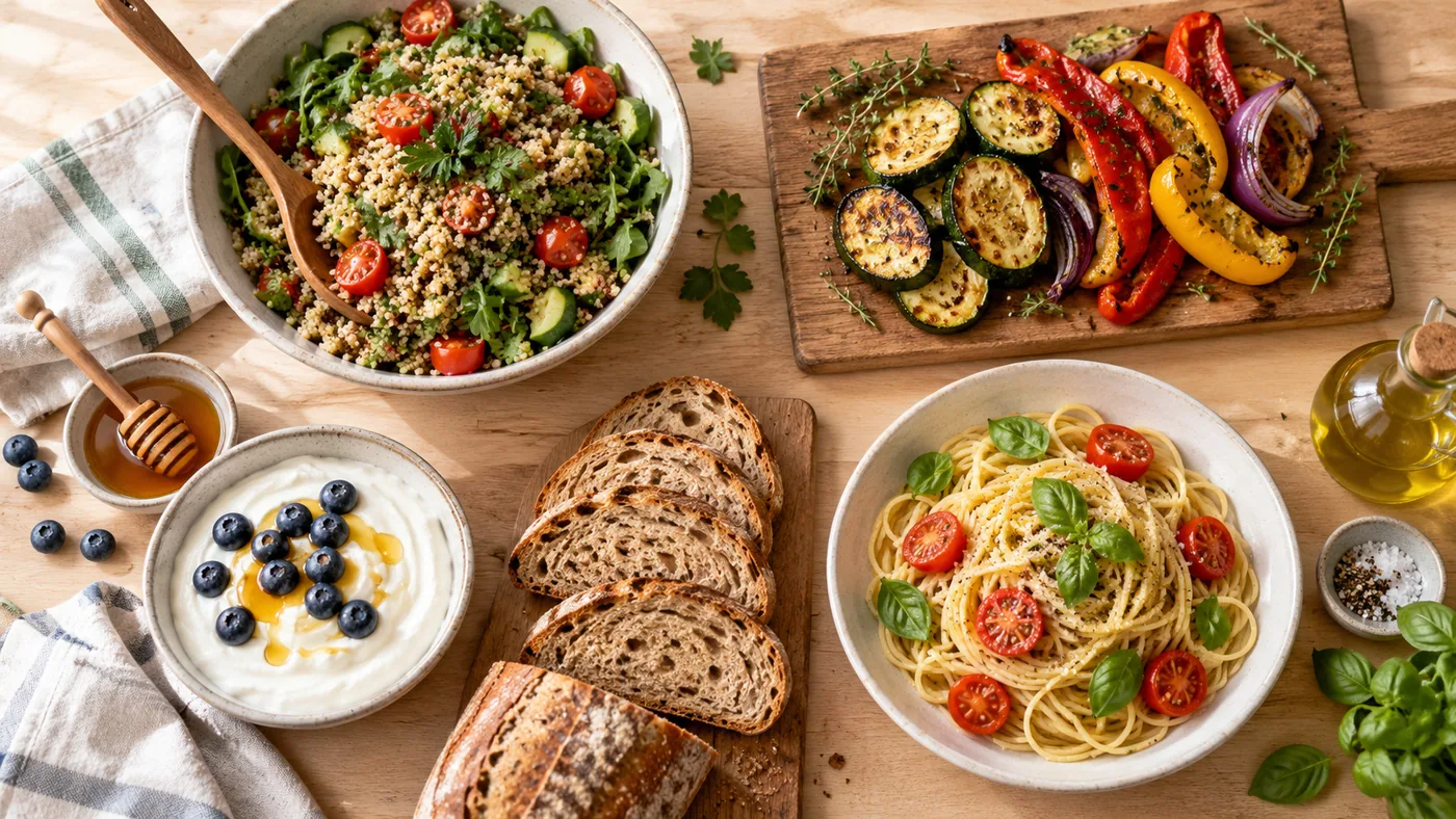 Five everyday meal preparations using grains, vegetables, dairy, bread, honey and oil