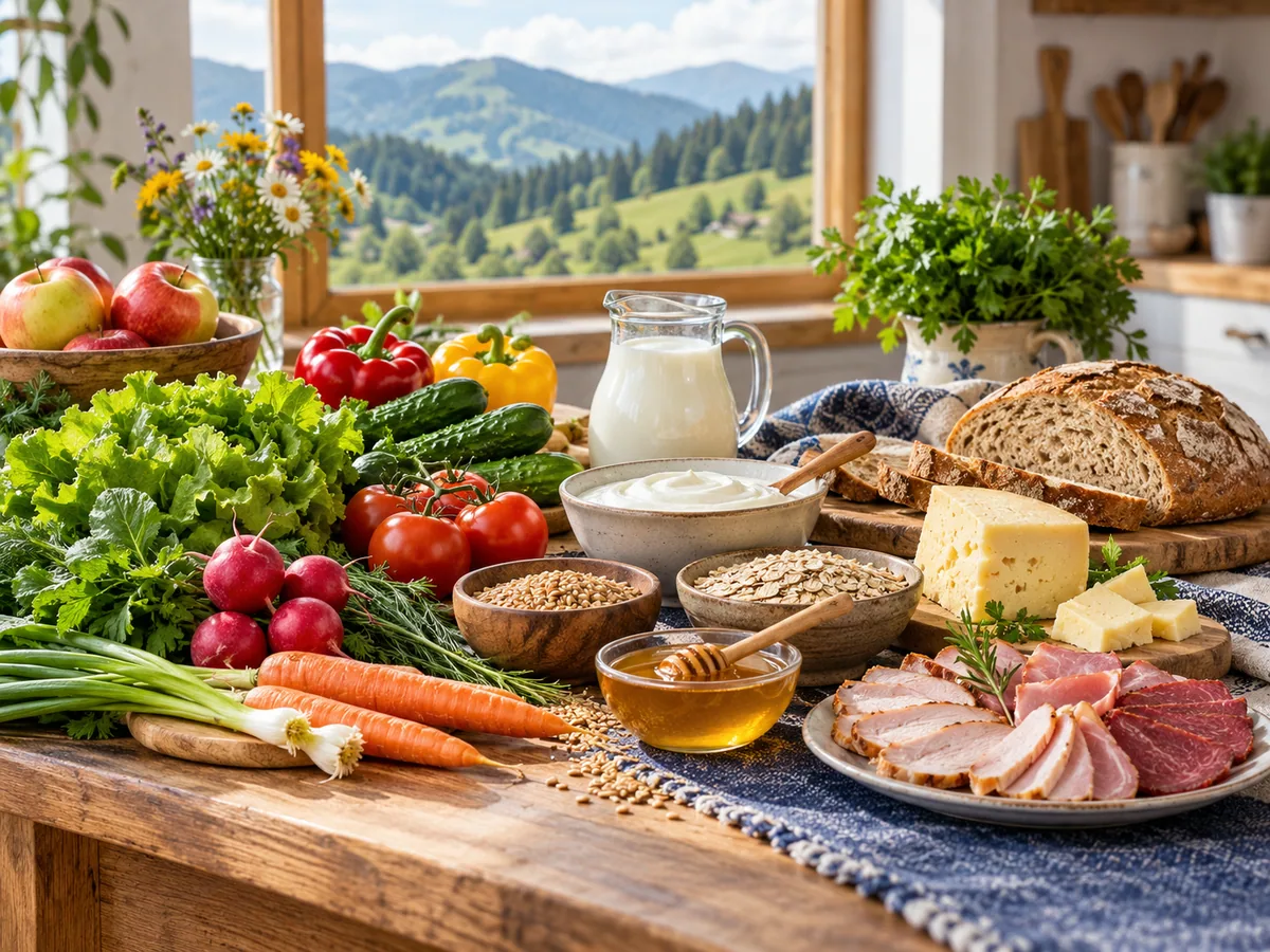 Organic vegetables, grains, dairy, bread, honey and meat products arranged in a bright Carpathian kitchen