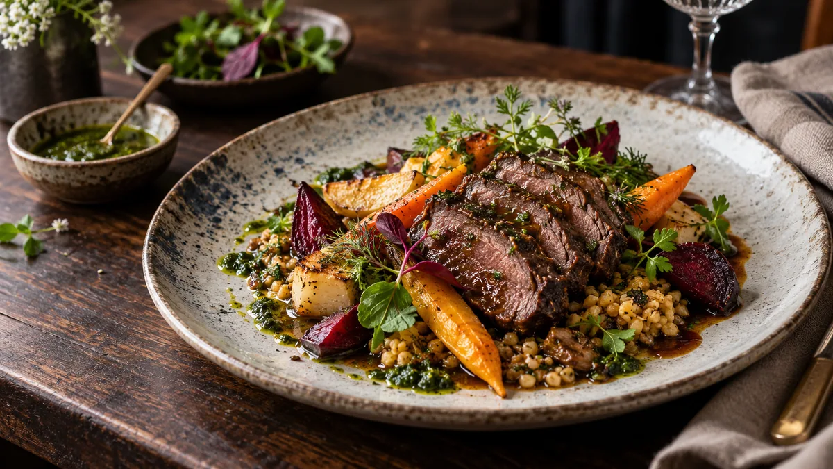 Chef-presented beef with root vegetables, grains and seasonal herbs