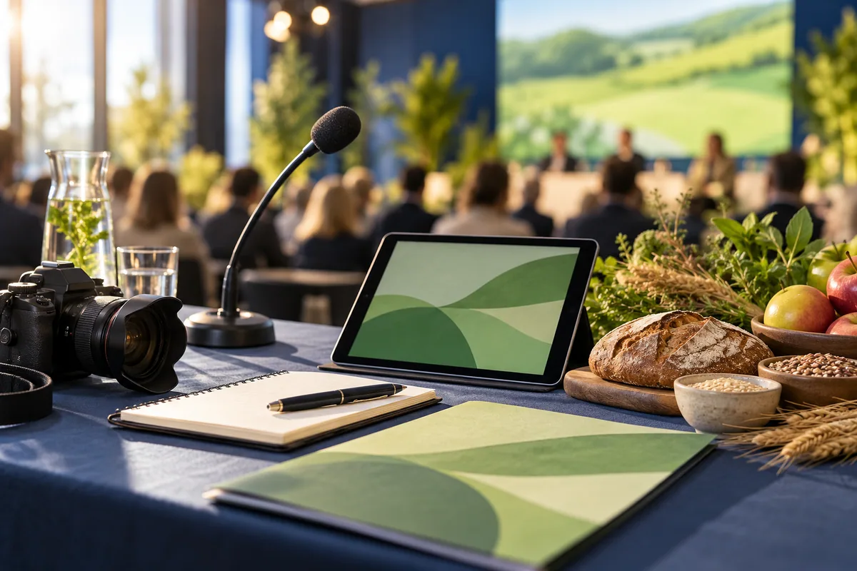 Editorial media desk with camera, microphone, notebook and organic food still life