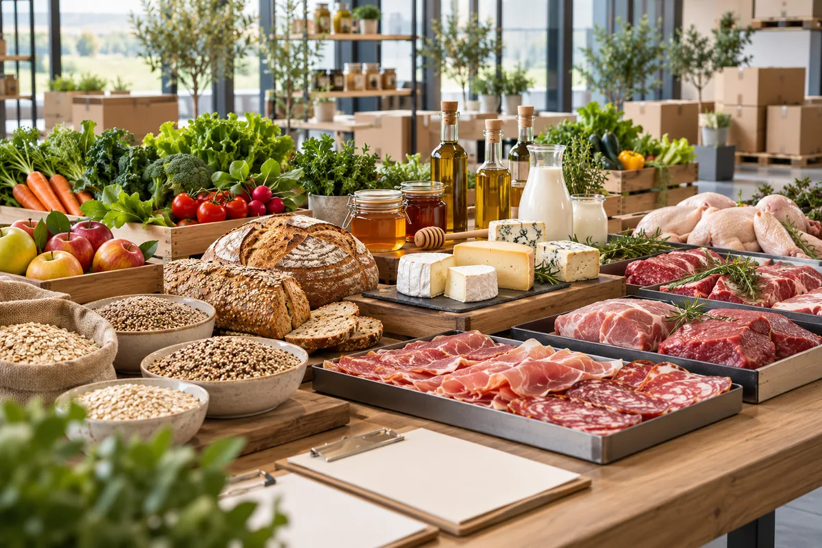 Professional trade display of grains, bread, produce, dairy and meat products in an unbranded showroom