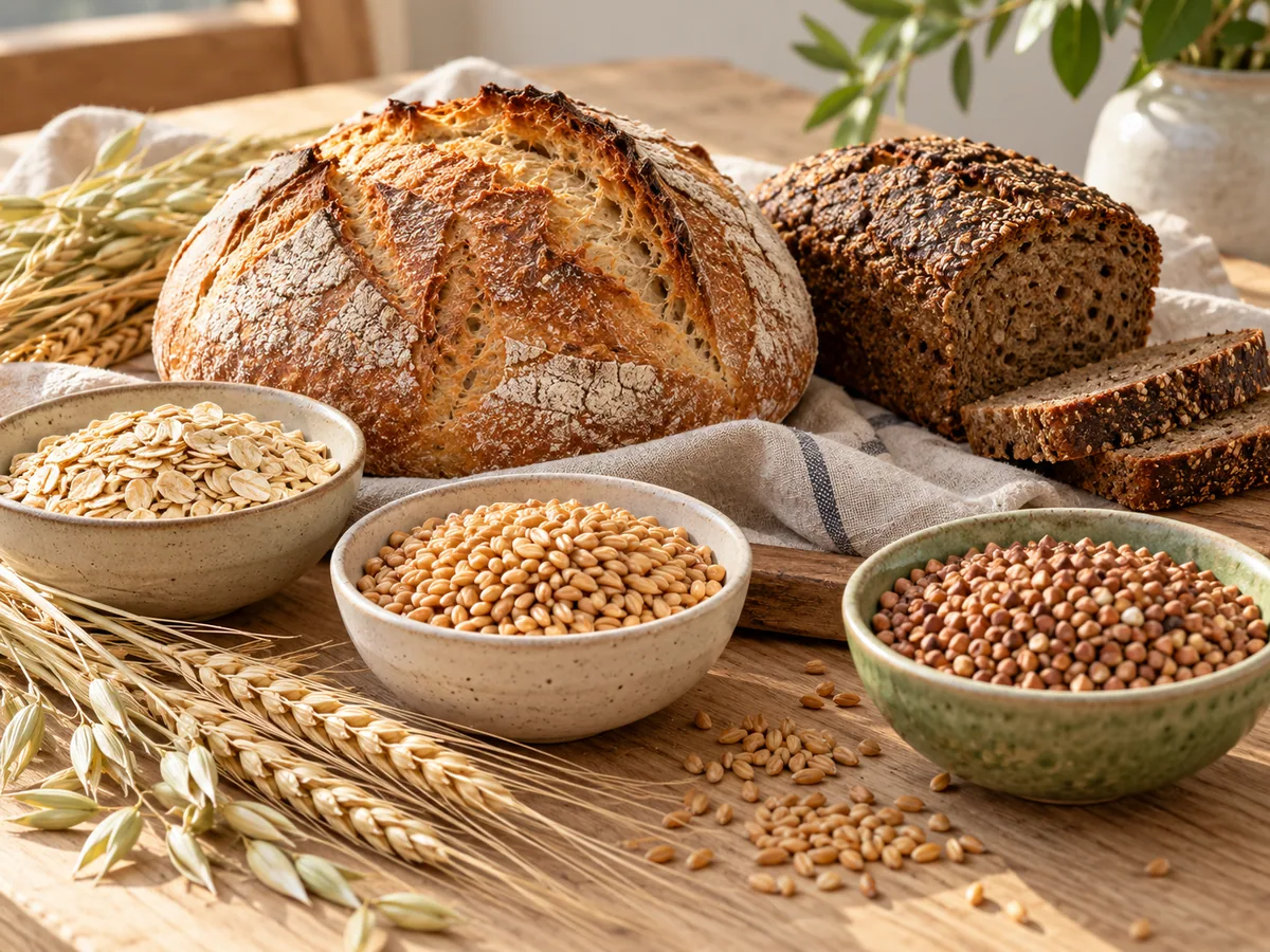 Bread, grains and cereals displayed on a wooden table