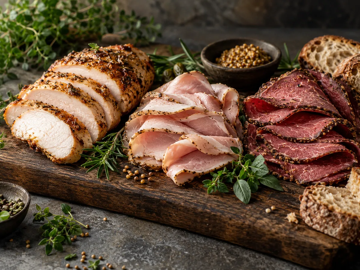 Cooked poultry, pork and beef products with herbs
