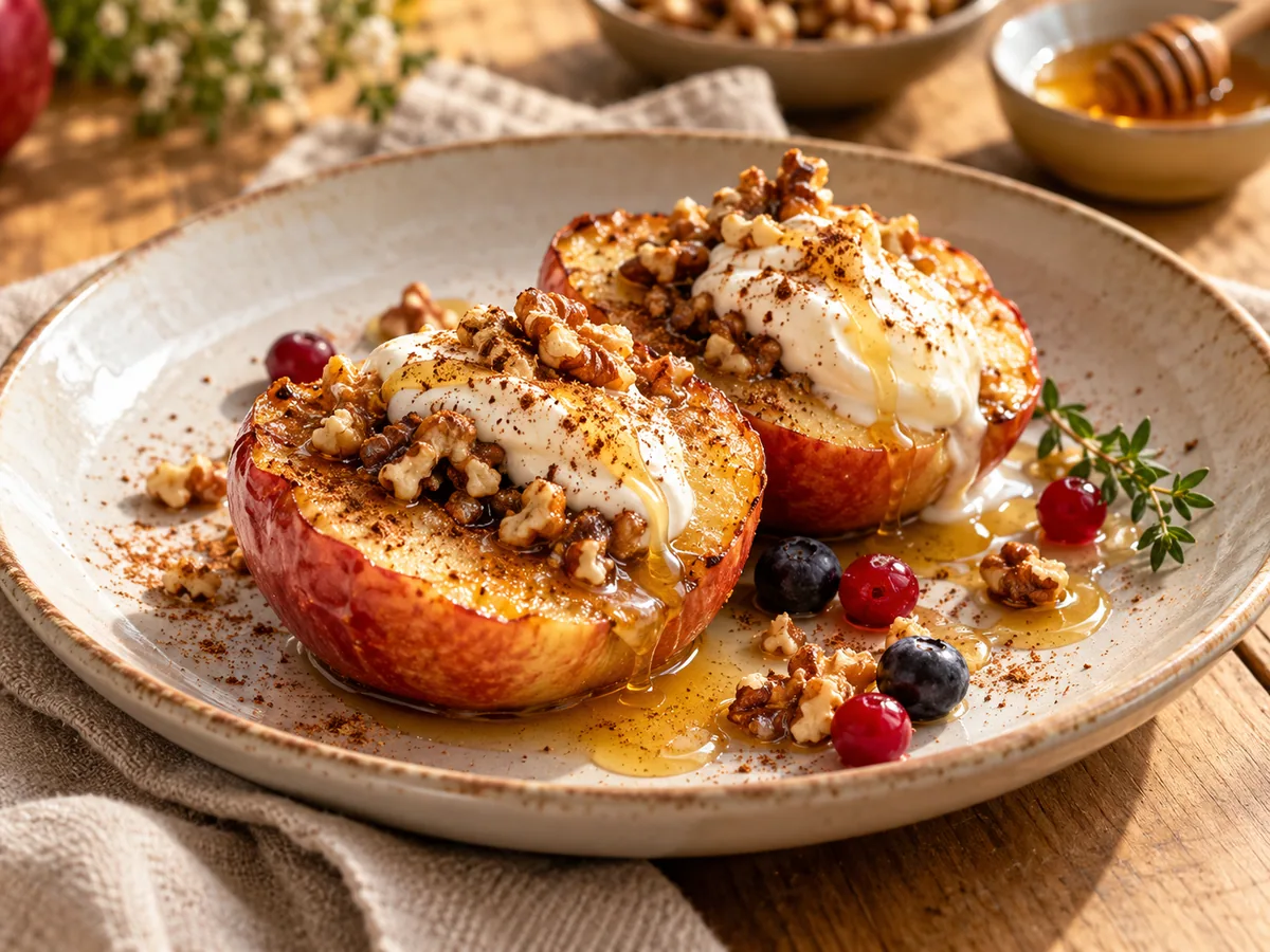 Baked apples with honey, cultured dairy cream, walnuts and berries
