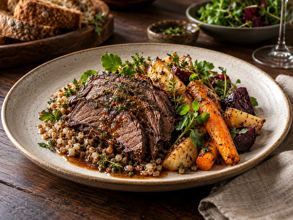 Carpathian-inspired beef with roasted root vegetables and grains
