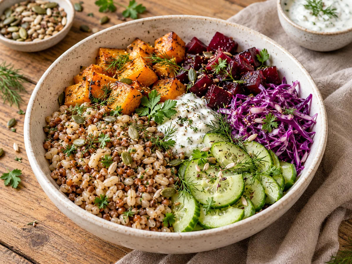 Grain bowl with beetroot, squash, cabbage, cucumber and yoghurt dressing