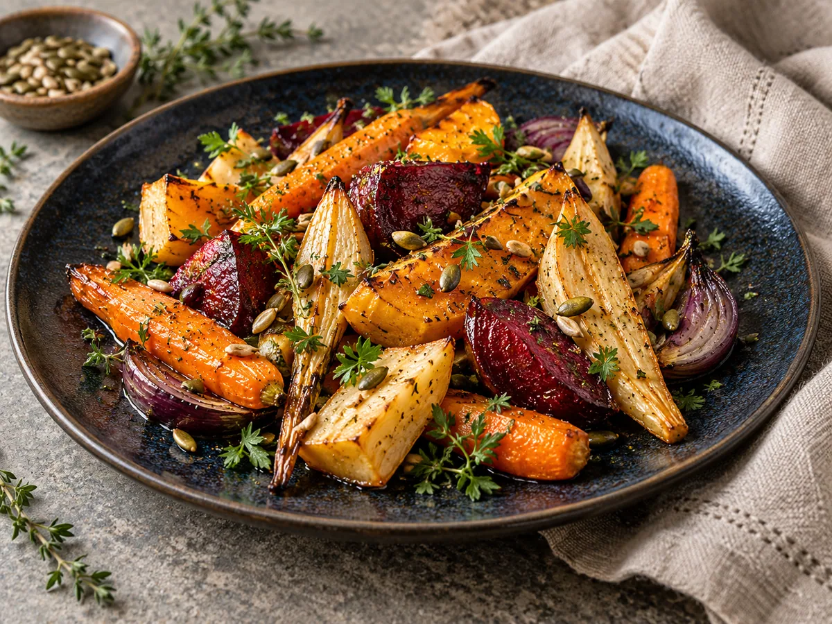 Roasted root vegetables glazed with honey and finished with herbs
